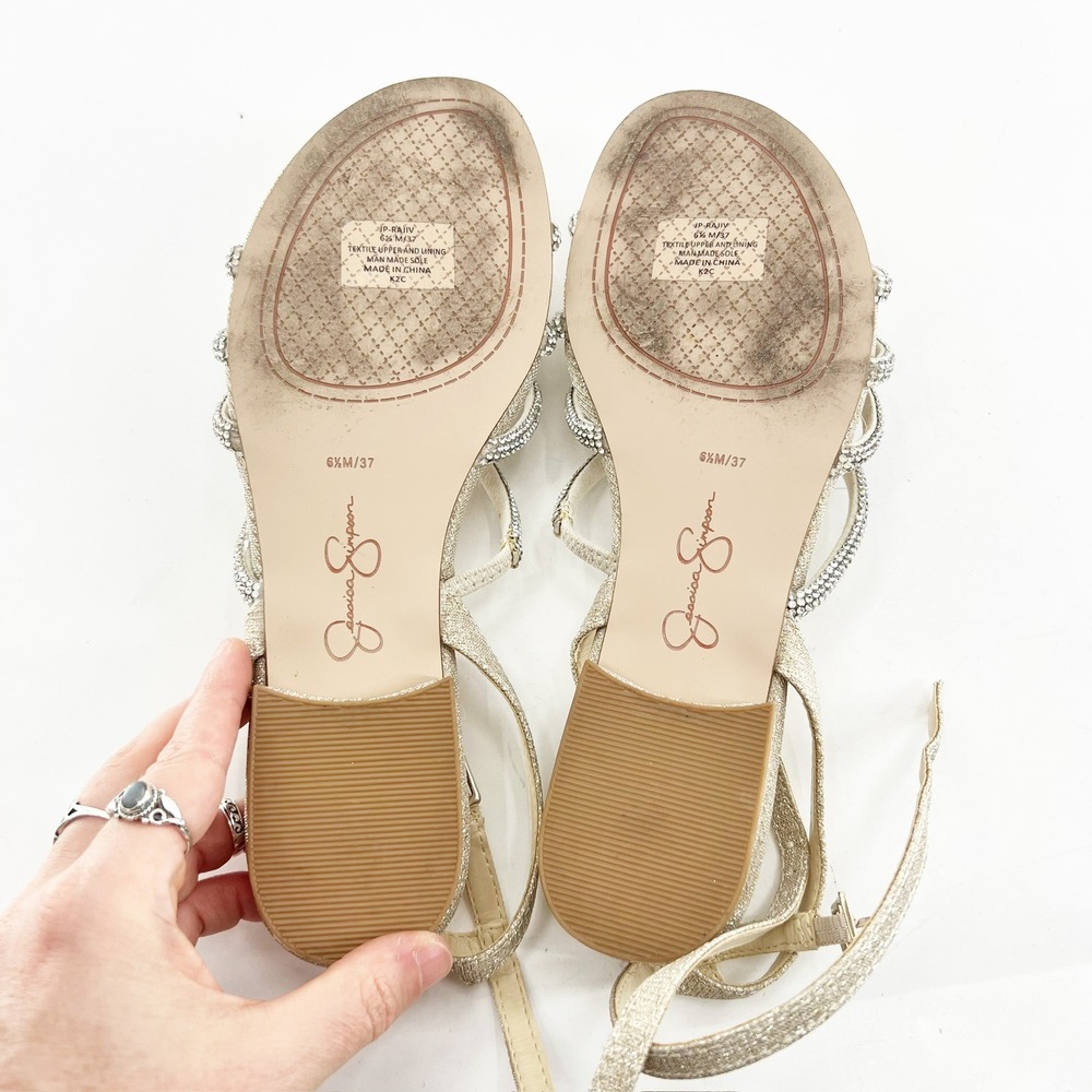 Jessica Simpson Rajiv Gold Rhinestone Strappy Ankle Flat Sandals Womens 6.5 - Picture 6 of 6